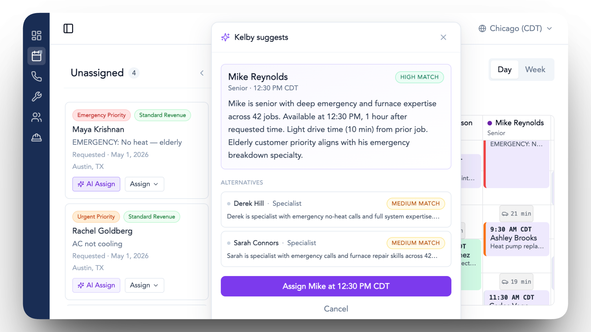 Kelby dispatcher — AI-suggested technician assignment with reasoning