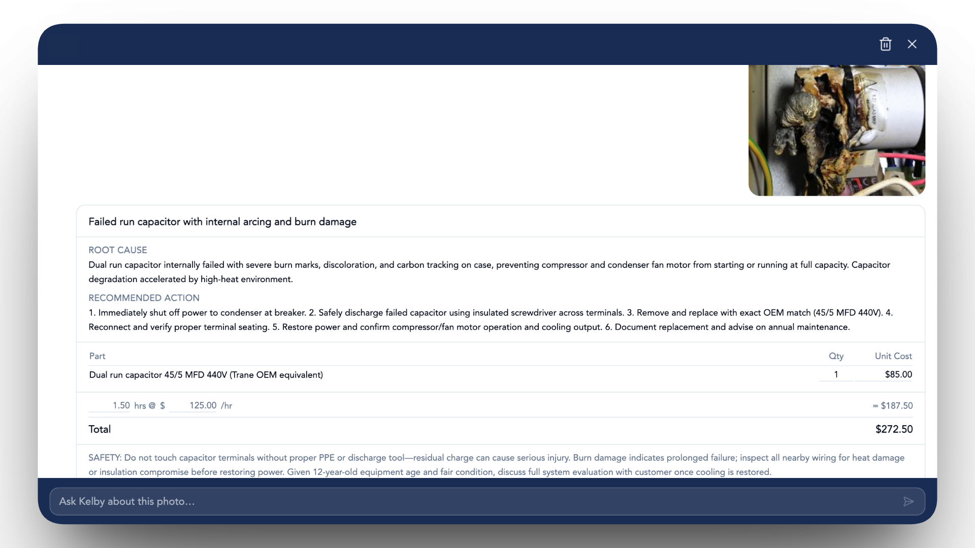 Kelby senior technician — photo diagnosis with parts, labor, and safety notes